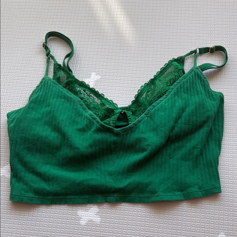 Aerie Green Lace Trim Bandeau ribbed tank top cropped with gold accents
